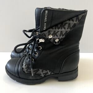 Michael Kors Black Silver MK Logo Zip Tie Combat Cuffed Boots Girl Toddler 11